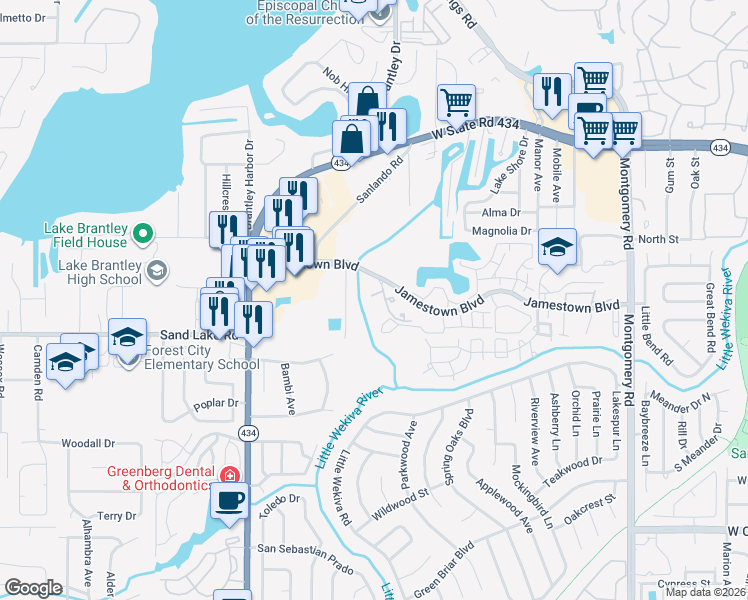 map of restaurants, bars, coffee shops, grocery stores, and more near 715 Saint Michael Lane in Altamonte Springs