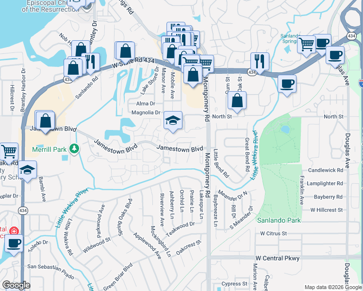 map of restaurants, bars, coffee shops, grocery stores, and more near 543 Sun Ridge Place in Altamonte Springs