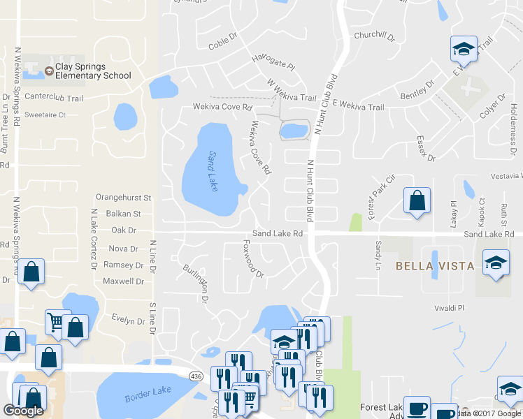 map of restaurants, bars, coffee shops, grocery stores, and more near 105 Whitley Bay Lane in Longwood