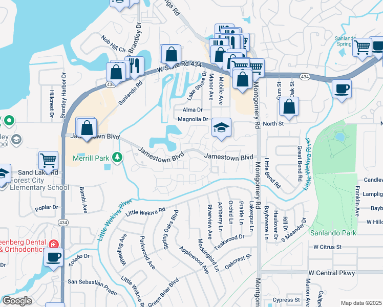 map of restaurants, bars, coffee shops, grocery stores, and more near 651 Glades Circle in Altamonte Springs