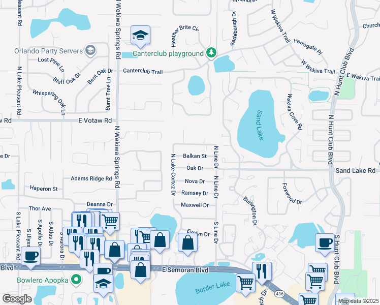 map of restaurants, bars, coffee shops, grocery stores, and more near 2643 Balkan Street in Apopka