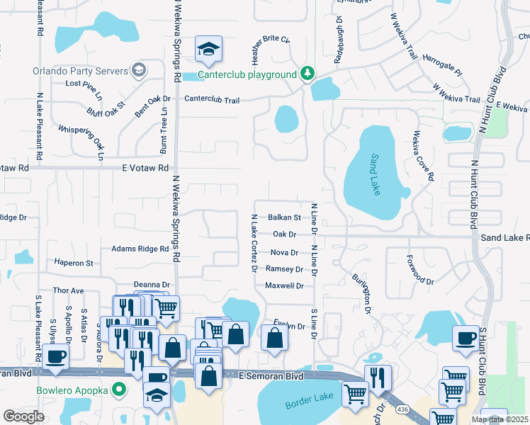 map of restaurants, bars, coffee shops, grocery stores, and more near 2643 Balkan Street in Apopka