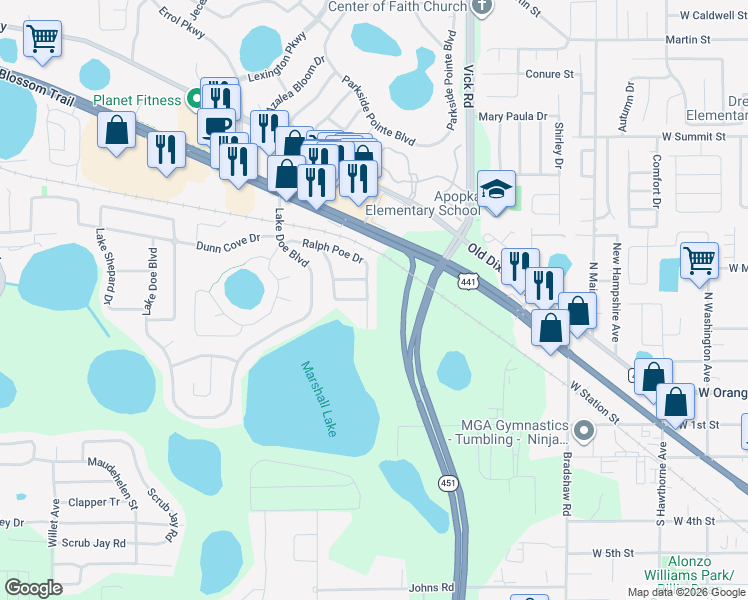 map of restaurants, bars, coffee shops, grocery stores, and more near 1215 Ralph Poe Drive in Apopka