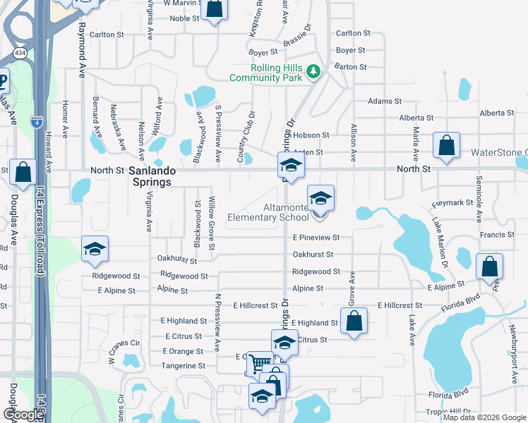 map of restaurants, bars, coffee shops, grocery stores, and more near 305 Robin Hill Drive in Altamonte Springs