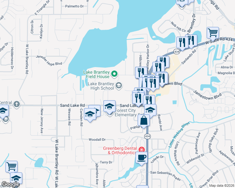 map of restaurants, bars, coffee shops, grocery stores, and more near 991 Sand Lake Road in Altamonte Springs