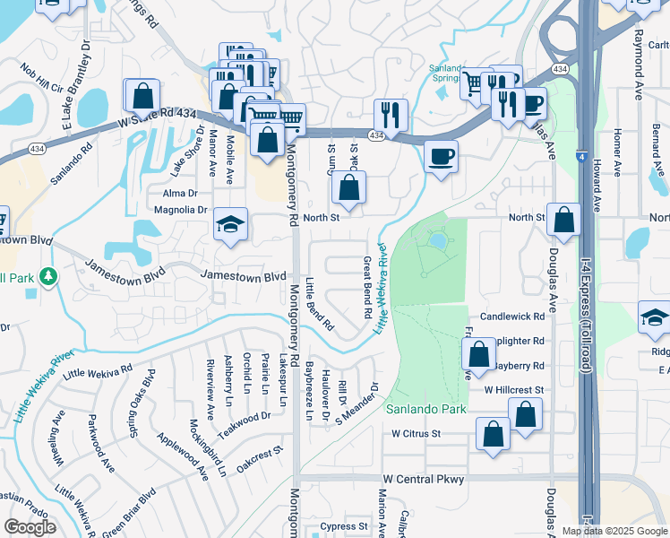 map of restaurants, bars, coffee shops, grocery stores, and more near 411 Wekiva Rapids Drive in Altamonte Springs