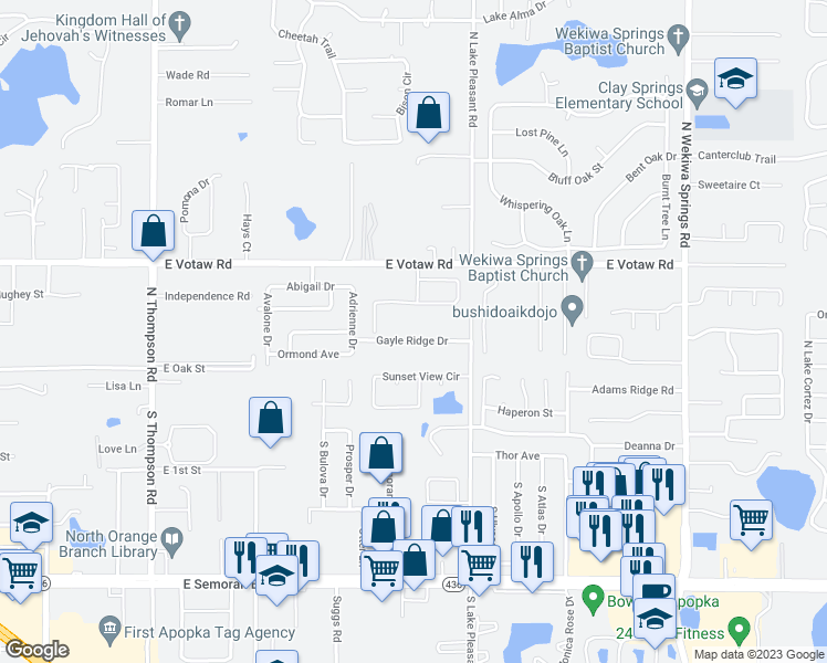 map of restaurants, bars, coffee shops, grocery stores, and more near 1649 Gayle Ridge Drive in Apopka