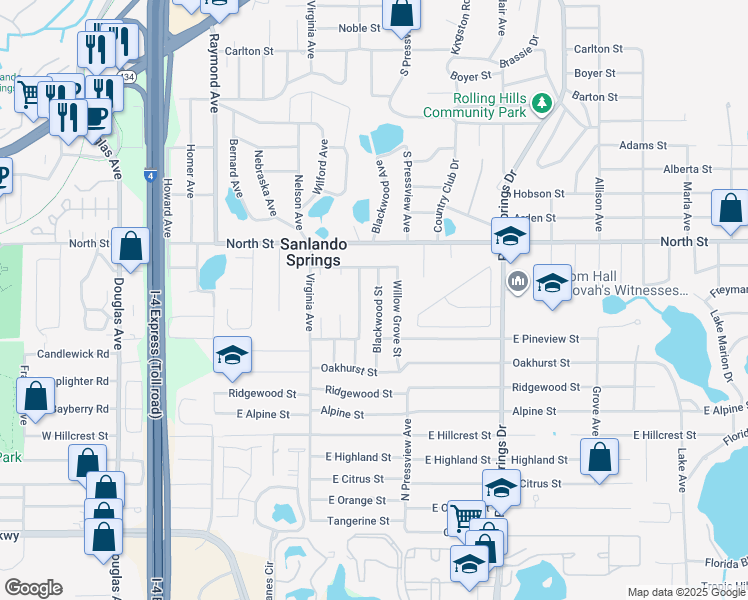 map of restaurants, bars, coffee shops, grocery stores, and more near 1054 Blackwood Street in Altamonte Springs