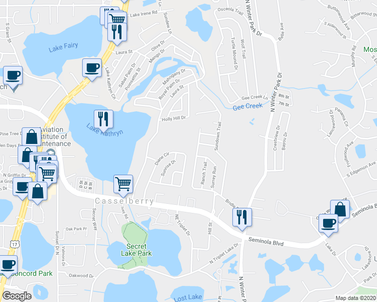 map of restaurants, bars, coffee shops, grocery stores, and more near 610 Diane Circle in Casselberry