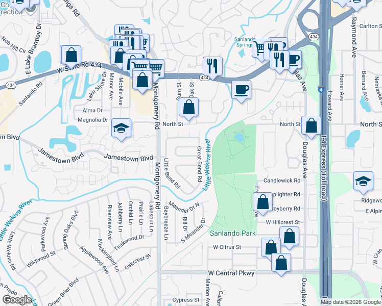map of restaurants, bars, coffee shops, grocery stores, and more near 411 Wekiva Rapids Drive in Altamonte Springs