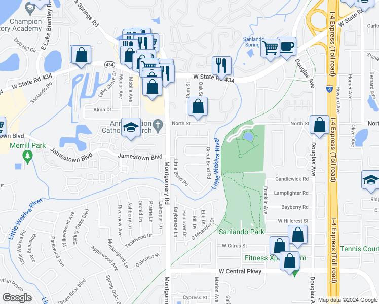 map of restaurants, bars, coffee shops, grocery stores, and more near 411 Wekiva Rapids Drive in Altamonte Springs