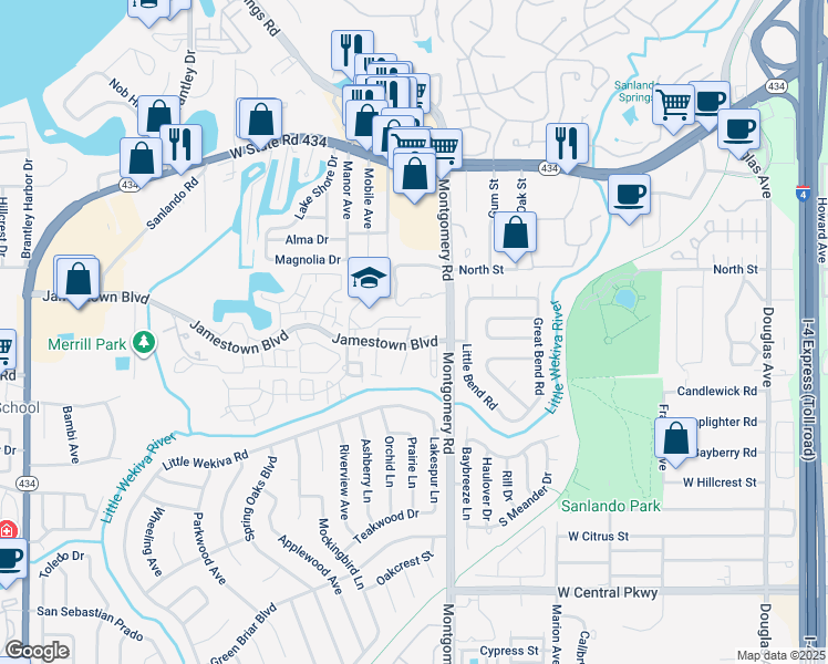 map of restaurants, bars, coffee shops, grocery stores, and more near 527 Sun Ridge Place in Altamonte Springs