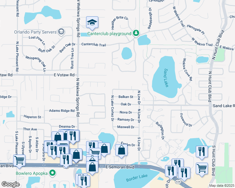 map of restaurants, bars, coffee shops, grocery stores, and more near 2643 Balkan Street in Apopka