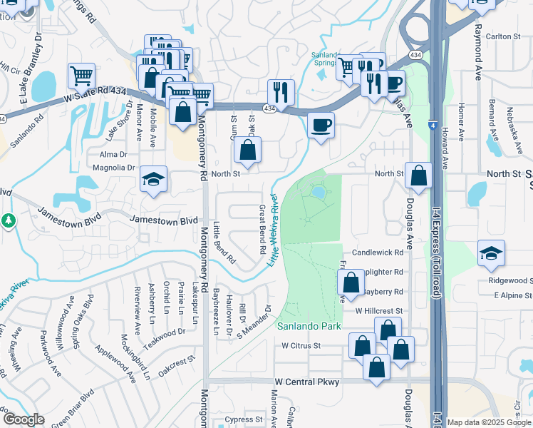 map of restaurants, bars, coffee shops, grocery stores, and more near 905 Great Bend Road in Altamonte Springs