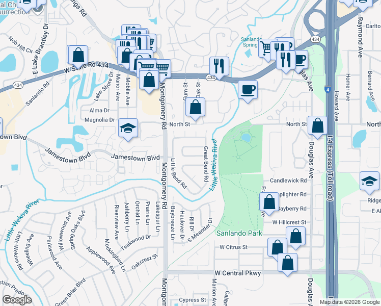 map of restaurants, bars, coffee shops, grocery stores, and more near 411 Wekiva Rapids Drive in Altamonte Springs
