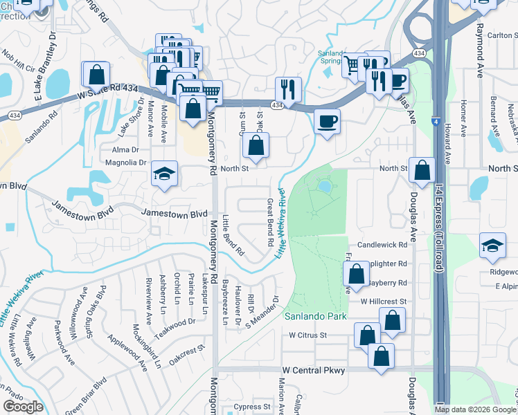 map of restaurants, bars, coffee shops, grocery stores, and more near 411 Wekiva Rapids Drive in Altamonte Springs