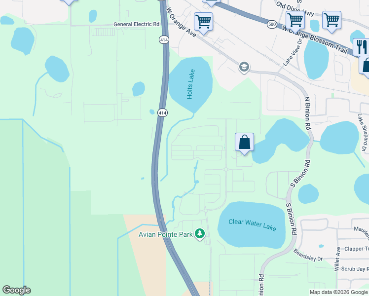 map of restaurants, bars, coffee shops, grocery stores, and more near 2600 Peterson Road in Apopka