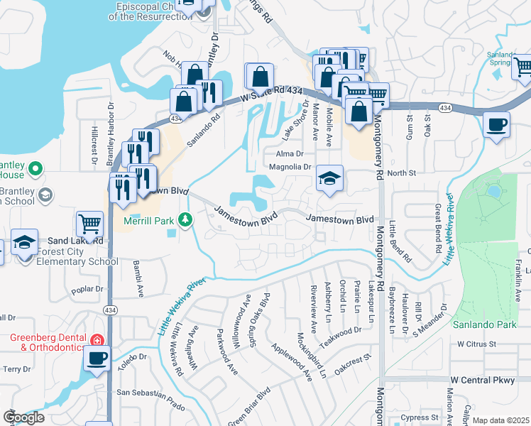map of restaurants, bars, coffee shops, grocery stores, and more near 673 Jamestown Boulevard in Altamonte Springs