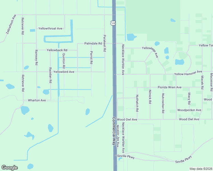 map of restaurants, bars, coffee shops, grocery stores, and more near 18074 Parakeet Road in Brooksville