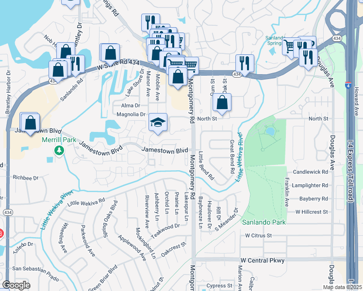 map of restaurants, bars, coffee shops, grocery stores, and more near 527 Sun Ridge Place in Altamonte Springs