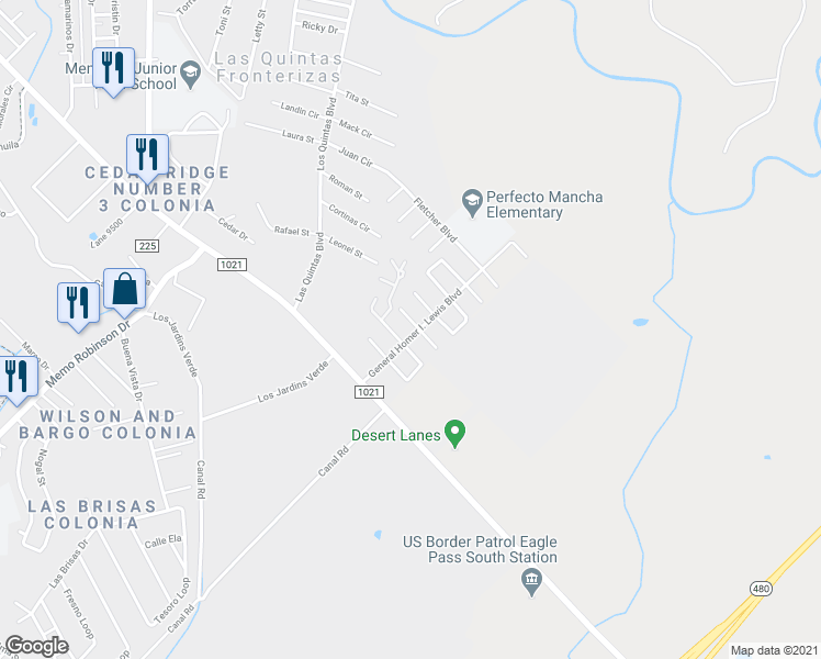 map of restaurants, bars, coffee shops, grocery stores, and more near 2150 Pershing Circle in Eagle Pass