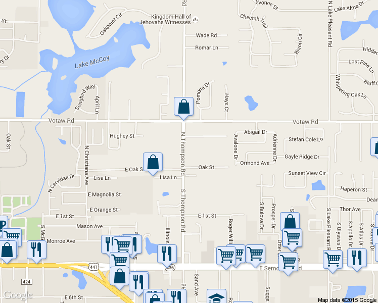 map of restaurants, bars, coffee shops, grocery stores, and more near 231 North Thompson Road in Apopka