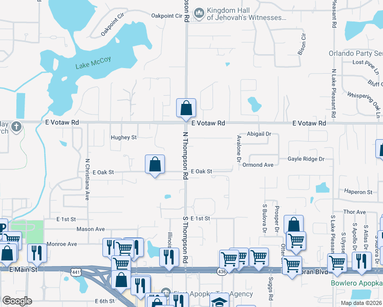 map of restaurants, bars, coffee shops, grocery stores, and more near 231 North Thompson Road in Apopka