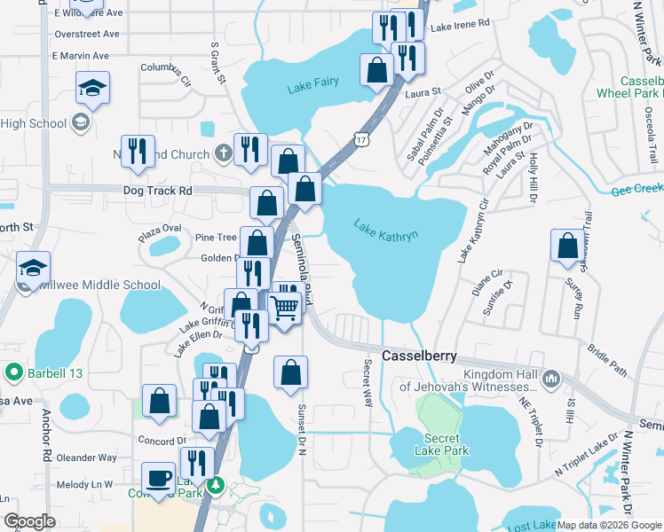 map of restaurants, bars, coffee shops, grocery stores, and more near 111 Seminola Boulevard in Casselberry