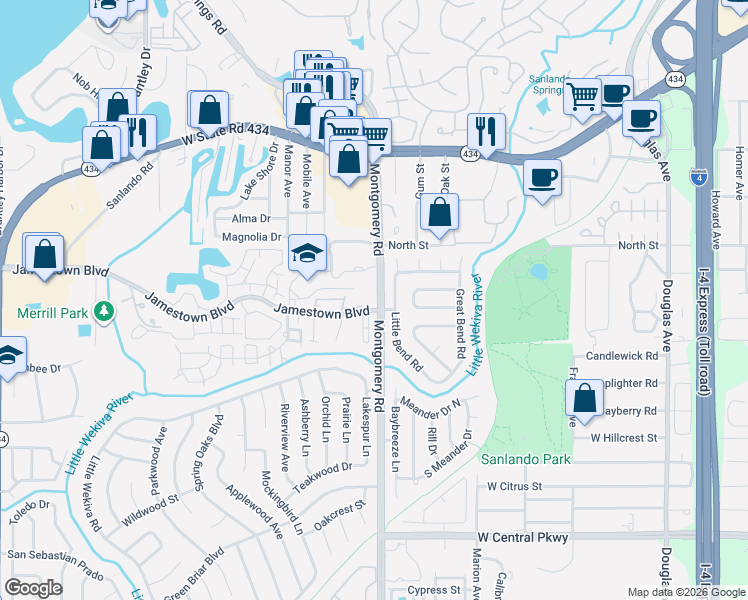 map of restaurants, bars, coffee shops, grocery stores, and more near 527 Sun Ridge Place in Altamonte Springs