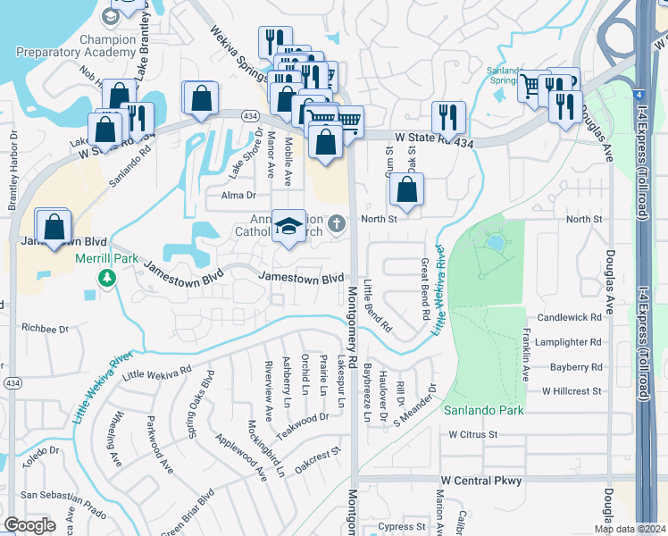 map of restaurants, bars, coffee shops, grocery stores, and more near 527 Sun Ridge Place in Altamonte Springs
