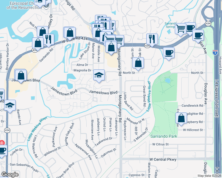 map of restaurants, bars, coffee shops, grocery stores, and more near 527 Sun Ridge Place in Altamonte Springs