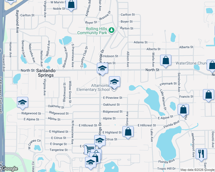 map of restaurants, bars, coffee shops, grocery stores, and more near 1017 Palm Springs Drive in Altamonte Springs