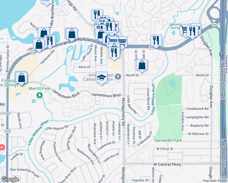 map of restaurants, bars, coffee shops, grocery stores, and more near 527 Sun Ridge Place in Altamonte Springs