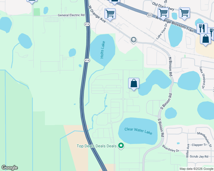 map of restaurants, bars, coffee shops, grocery stores, and more near 2600 Peterson Road in Apopka