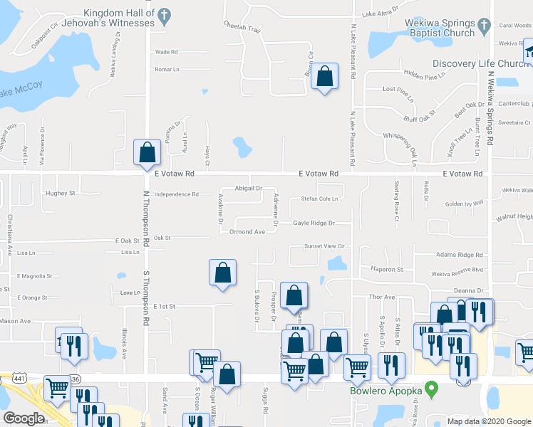 map of restaurants, bars, coffee shops, grocery stores, and more near 1553 Gayle Ridge Drive in Apopka