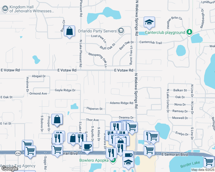 map of restaurants, bars, coffee shops, grocery stores, and more near 2014 Votaw Road in Apopka