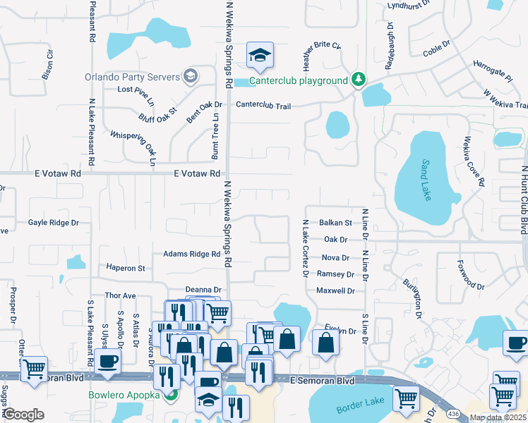map of restaurants, bars, coffee shops, grocery stores, and more near 2349 Walnut Heights Road in Apopka
