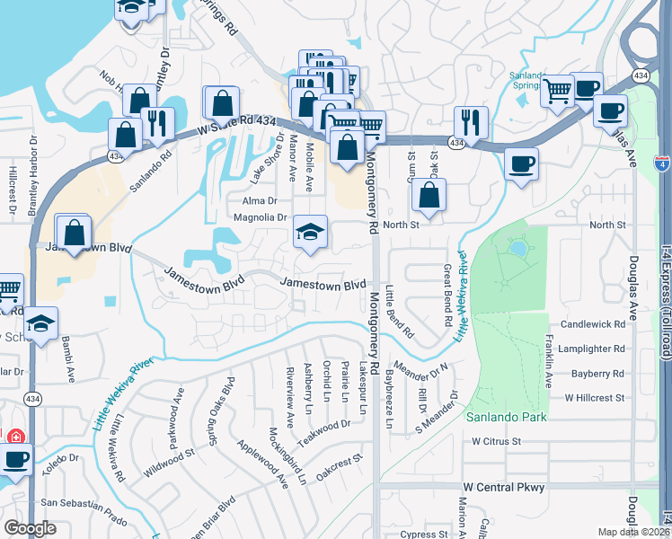 map of restaurants, bars, coffee shops, grocery stores, and more near 543 Sun Ridge Place in Altamonte Springs