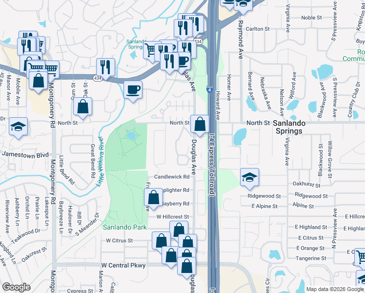 map of restaurants, bars, coffee shops, grocery stores, and more near 950 Douglas Avenue in Altamonte Springs