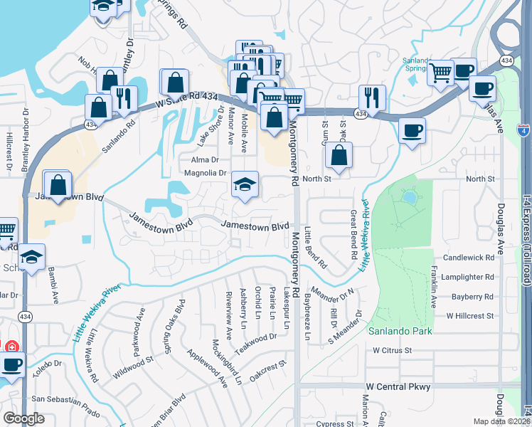 map of restaurants, bars, coffee shops, grocery stores, and more near 543 Sun Ridge Place in Altamonte Springs