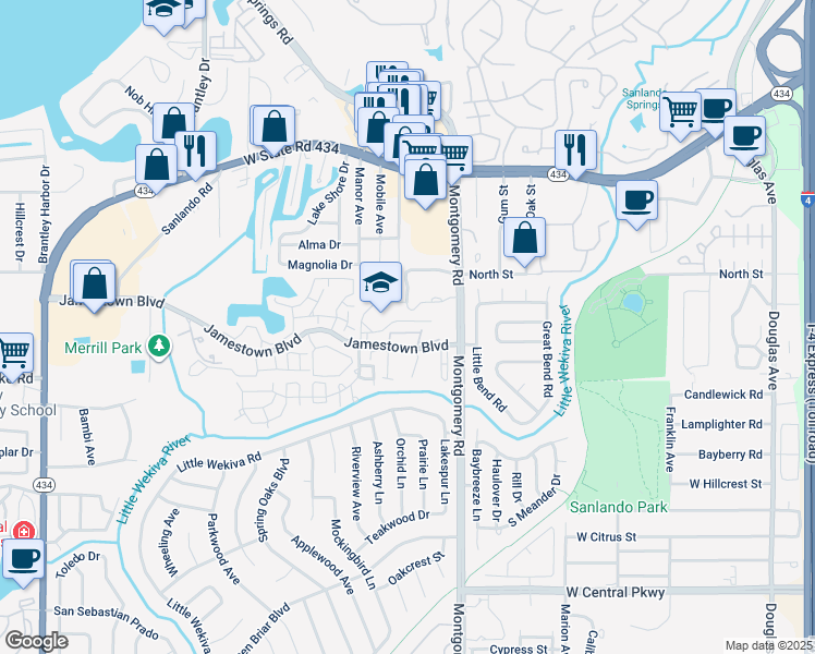 map of restaurants, bars, coffee shops, grocery stores, and more near 543 Sun Ridge Place in Altamonte Springs