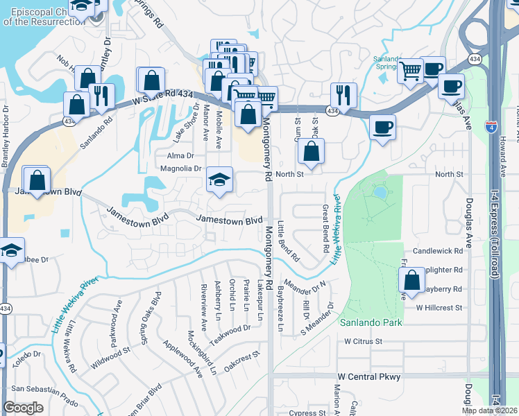 map of restaurants, bars, coffee shops, grocery stores, and more near 527 Sun Ridge Place in Altamonte Springs