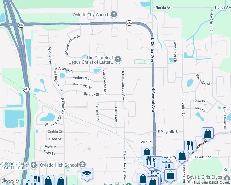 map of restaurants, bars, coffee shops, grocery stores, and more near 379 Bentley Street in Oviedo