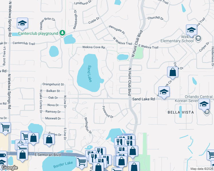 map of restaurants, bars, coffee shops, grocery stores, and more near 105 Whitley Bay Lane in Longwood