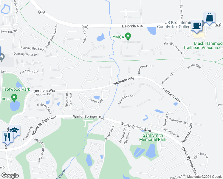 map of restaurants, bars, coffee shops, grocery stores, and more near 1468 Connors Lane in Winter Springs