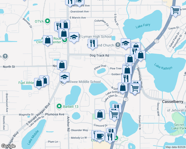 map of restaurants, bars, coffee shops, grocery stores, and more near 286 Westward Drive in Casselberry