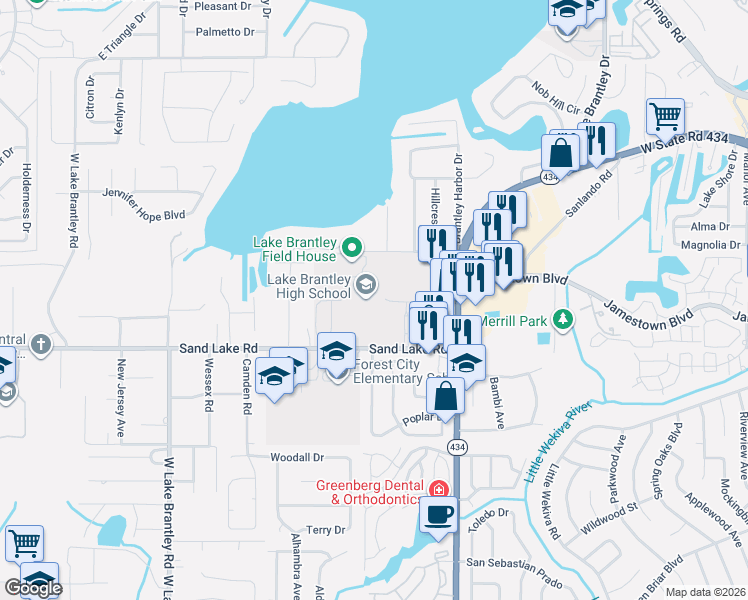 map of restaurants, bars, coffee shops, grocery stores, and more near 1002 Lakefront Ln in Longwood