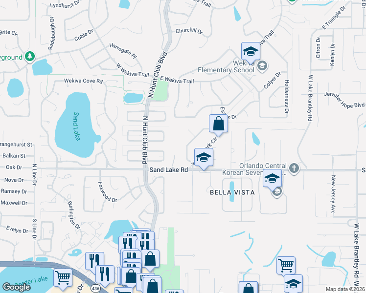 map of restaurants, bars, coffee shops, grocery stores, and more near 401 Forest Park Circle in Longwood