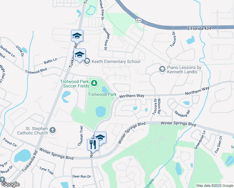 map of restaurants, bars, coffee shops, grocery stores, and more near 600 Northern Way in Winter Springs