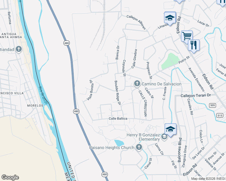 map of restaurants, bars, coffee shops, grocery stores, and more near 2011 Boulder Ridge Drive in Eagle Pass